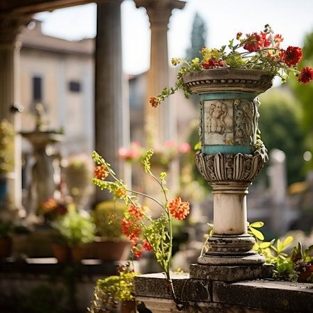 an ornate urn with flowers in front of a buildingの素材