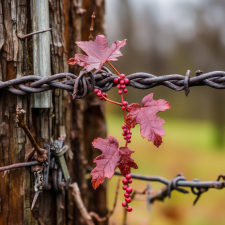 barbed wire and red berries on a fence postの素材