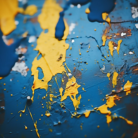 blue and yellow paint splatters on a wallの素材