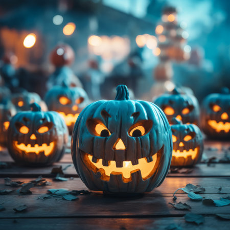 halloween pumpkins on a table with people in the backgroundの素材