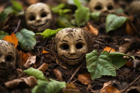 halloween masks in the ground with leavesの素材