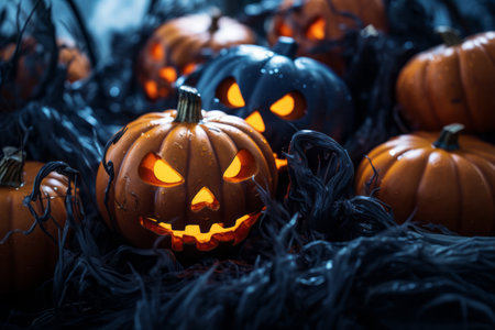 halloween pumpkins with glowing eyes on a dark backgroundの素材