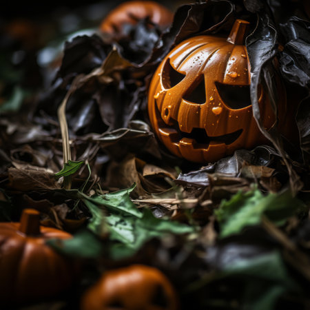 halloween jack-o-lanterns in a pile of leavesの素材