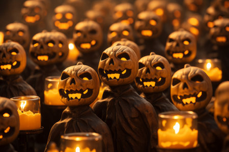 halloween jack-o-lanterns in a row with candlesの素材