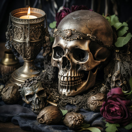 skulls candles and roses on a dark clothの素材
