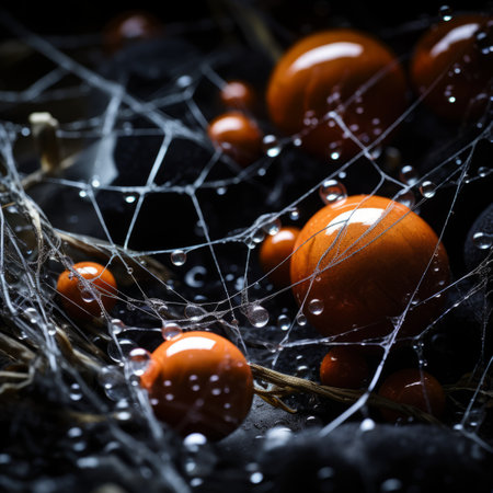 orange balls in spider web with water dropletsの素材