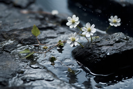 white flowers on rocks in water with water dropletsの素材