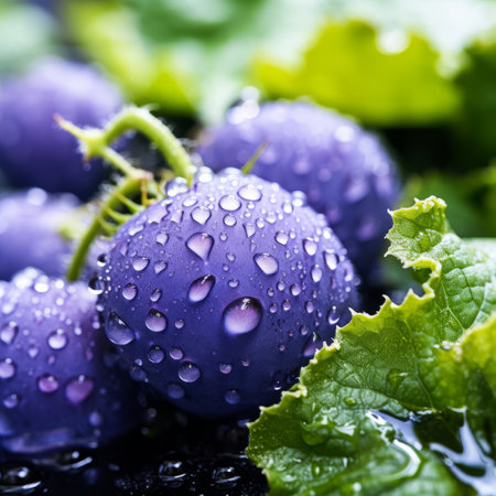 purple grapes with water droplets on the leavesの素材