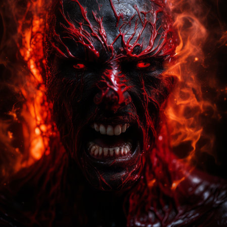 the face of a demon is covered in red flamesの素材
