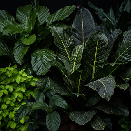 various types of tropical plants on a black backgroundの素材