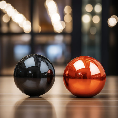 two shiny black and orange balls on a wooden tableの素材