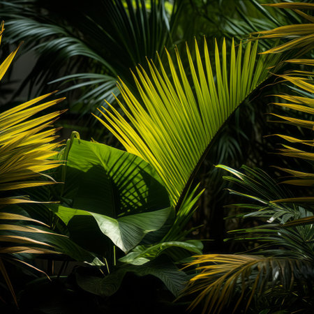 the sun is shining through the leaves of a tropical plantの素材