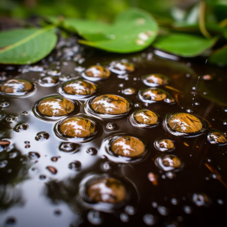 water droplets on the surface of a pond with leavesの素材