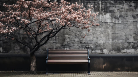 a bench sitting in front of a treeの素材