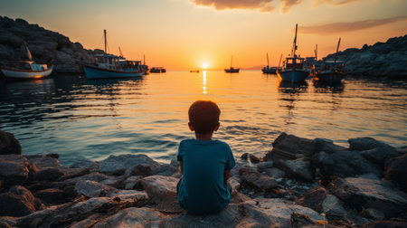 a boy sitting on the rocks at sunset with boats in the backgroundの素材
