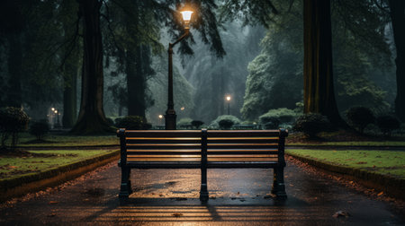 a bench sitting in the middle of a park at nightの素材
