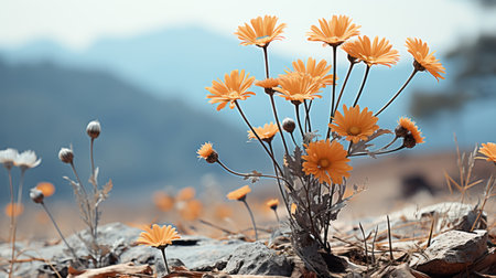 a bunch of orange flowers in a field with mountains in the backgroundの素材