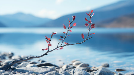 a branch with red leaves sitting on the rocks by a lakeの素材