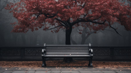 a bench under a red tree in a foggy parkの素材
