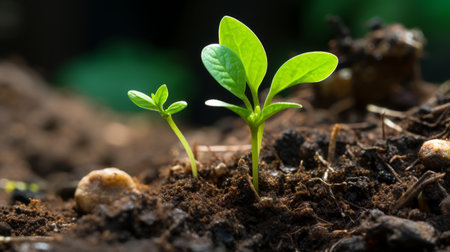 a close up of two young plants growing in the soilの素材