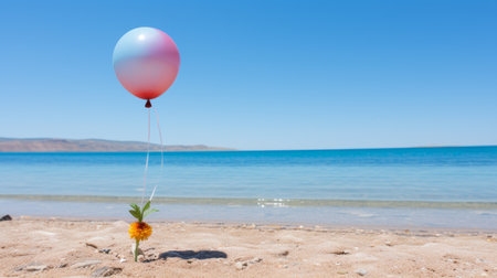 a colorful balloon floating in the air on a sandy beachの素材