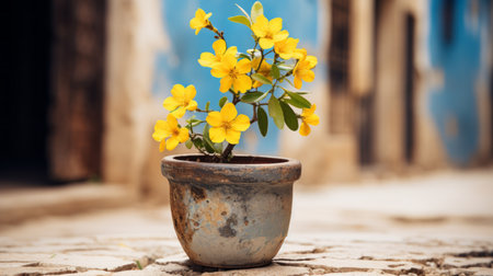 a flower pot with yellow flowers sitting on a cobblestone streetの素材