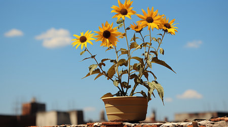 a flower pot with yellow sunflowers on top of a brick wallの素材