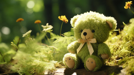a green teddy bear sitting on a log in the woodsの素材
