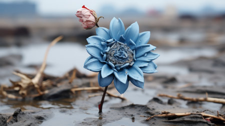 a blue flower sits in the middle of a muddy fieldの素材