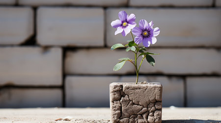 a flower growing in a cement block with a brick wall in the backgroundの素材