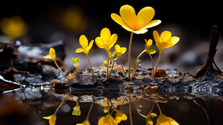 a group of yellow flowers are growing out of the waterの素材