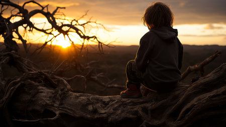 a child sitting on a tree branch at sunsetの素材