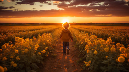 a child walking through a field of sunflowers at sunsetの素材