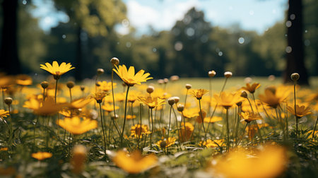 a field of yellow flowers in the middle of the dayの素材
