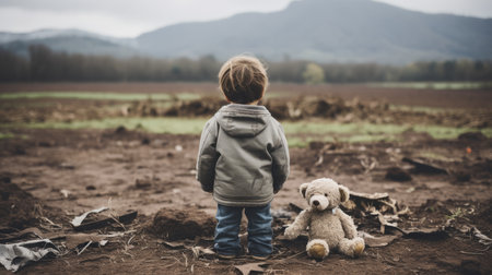 a little boy standing in the middle of a field with a teddy bearの素材