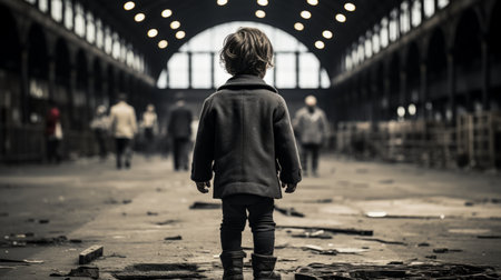 a little boy standing in an empty warehouseの素材