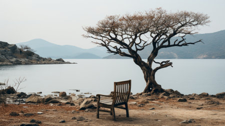 a lone chair sitting in front of a tree by a body of waterの素材