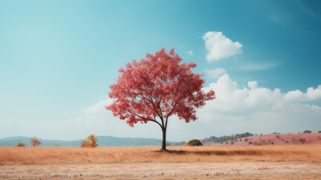 a lone tree in a field with a blue skyの素材