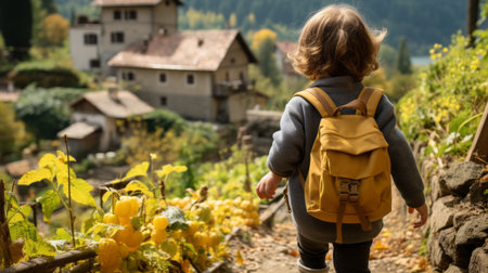 a little girl with a backpack walking down a path in front of a villageの素材