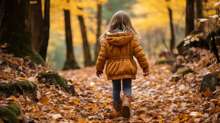a little girl walking through the woods in the fallの素材