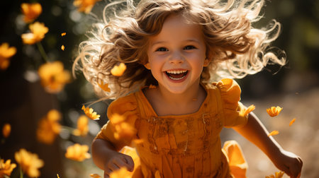 a little girl in a yellow dress is running through a field of yellow flowersの素材