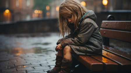 a little girl sitting on a bench in the rainの素材