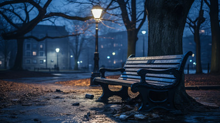 a park bench sitting in the middle of a wet street at nightの素材