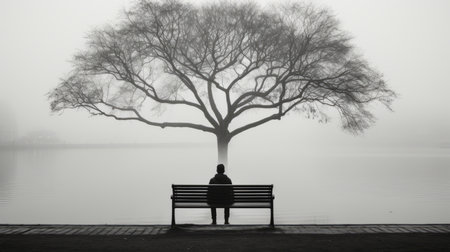 a person sitting on a bench under a tree in the fogの素材