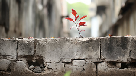a red plant growing out of a crack in a wallの素材
