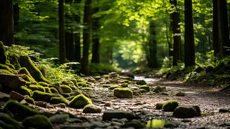 a path through a forest with rocks and treesの素材