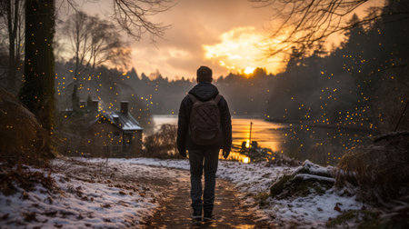 a person walking in the snow at sunset with fireflies flying around themの素材