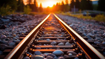 a railroad track with the sun setting behind itの素材