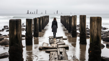 a person standing on a pier looking out to the oceanの素材