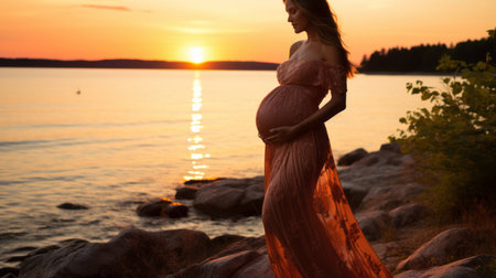 a pregnant woman in an orange dress stands on the shore of a lake at sunsetの素材